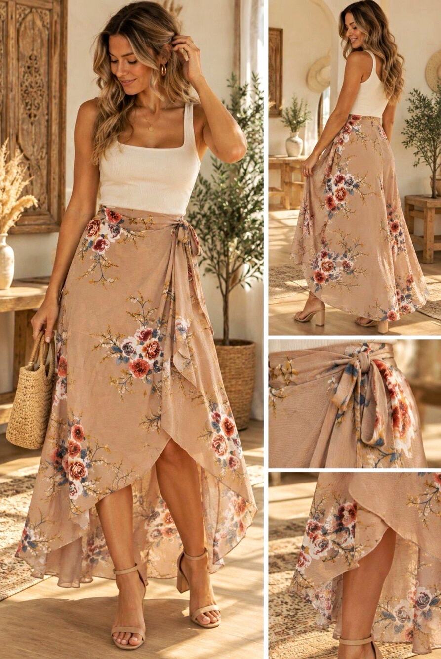 Women’s Beige Multicolor Floral Bohemian Wrap Maxi Skirt Tie Waist High Rise S